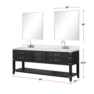 English Elm Black Oak Double Bath Vanity With Carrara Marble Top, Chrome Faucet, & 36" Mirrors For Elegant Style B2731S02205