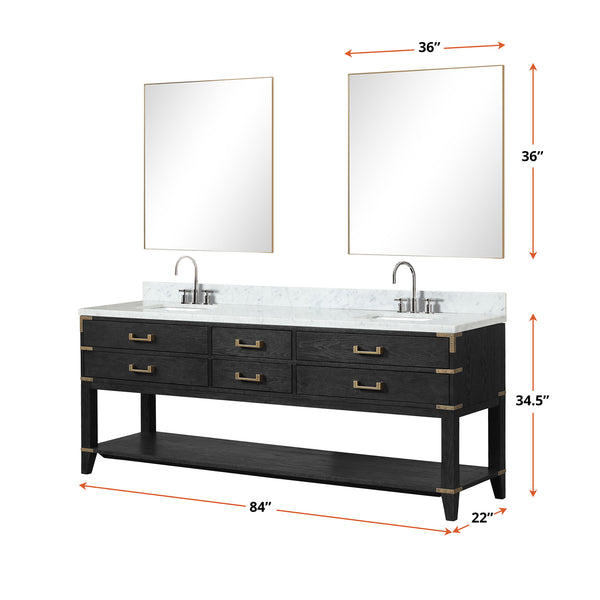 English Elm Black Oak Double Bath Vanity With Carrara Marble Top, Chrome Faucet, & 36" Mirrors For Elegant Style B2731S02205