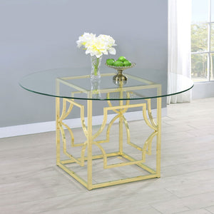 English Elm Krista Round Tempered Glass Dining Table with Geometric Brass Sculpted Base B062S01826