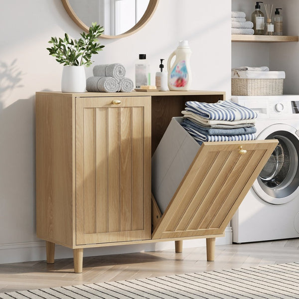 English Elm Sloping Tilt Out Laundry Cabinet with Dual Hamper Bins Oak Mdf Bathroom Storage W1706P465303