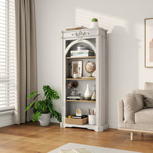 English Elm Antique Vintage White 4-Tier 65" Tall Bookcase - Distressed Carved MDF & Solid Wood Shelves for Home W3123P278008