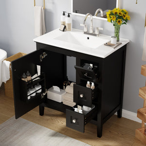 English Elm 30 Inch Bathroom Vanity with Ceramic Sink and 3 Smooth-Glide Drawers, Modern Moisture-Resistant Storage Black N710P252105B