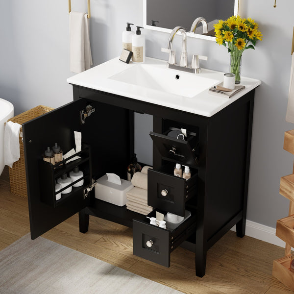 English Elm 30 Inch Bathroom Vanity with Ceramic Sink and 3 Smooth-Glide Drawers, Modern Moisture-Resistant Storage Black N710P252105B