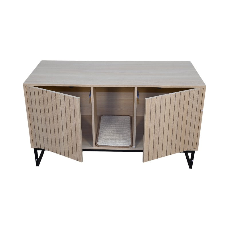 English Elm Modern Wooden Cat House with Built-In Scratching Mat, Sturdy Metal Frame, Sleek Space-Saving Design Light Brown W1412P271586