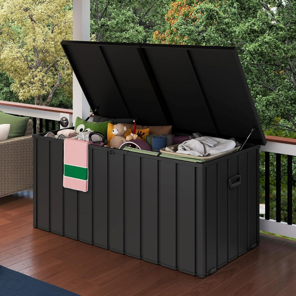 English Elm 200 Gallon Galvanized Steel Outdoor Deck Box Lockable Weatherproof Patio Pool Storage Dark Gray W1859P445933