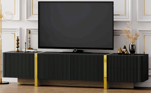 English Elm ON-TREND Fluted TV Stand for Up to 80" TVs with Cable Management, Gold Wood Legs & Ample Storage Black WF531671AAB