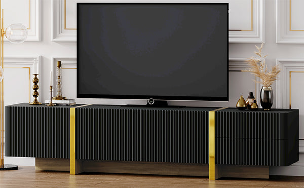 English Elm ON-TREND Fluted TV Stand for Up to 80" TVs with Cable Management, Gold Wood Legs & Ample Storage Black WF531671AAB