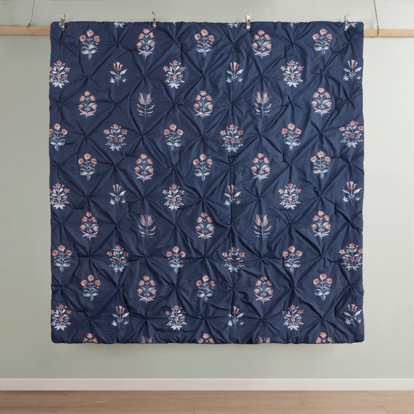 JLA Home Madison Park - 4 Pintuck Comforter Set Navy Floral Embroidered Throw Pillow Hypoallergenic Dust‑Resistant Cozy 92 L x 104 W x 1.5H MP10-8411