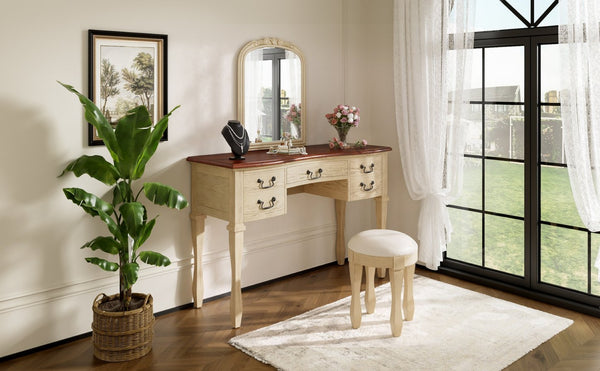 English Elm 46" Vintage Dressing Table Floral Carved Mirror 5 Drawers Stool Bedroom Vanity N704P381405K