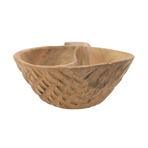 English Elm 9.1x5.9x2.8" Teak Wood Decorative Bowl with Handle — Handcrafted Natural Brown, Carved Underside Accent, Versatile Home Decor W2078P391136