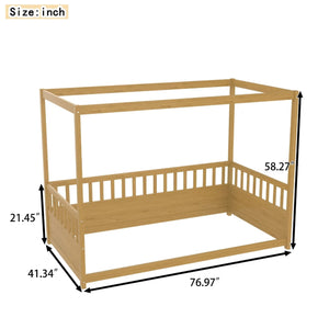 English Elm Twin Pine Canopy Bed Frame with Guardrails for Kids – Montessori Floor Bed with Four Poster Design and Cozy Decor Options Natural Wood W1858P252839