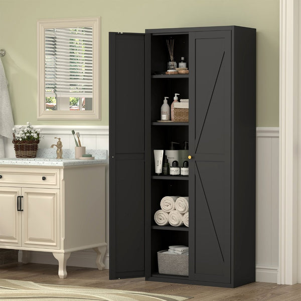 English Elm 2 Door Steel Pantry Cabinet Powder Coated Finish Gold Hardware Adjustable Shelves Tall Storage Black T3625P366653