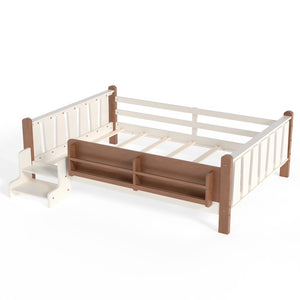 English Elm Twin Pine Floor Bed for Kids with Side Bookcases Built-in Stairs and Safety Guardrails Beige W1580P390220