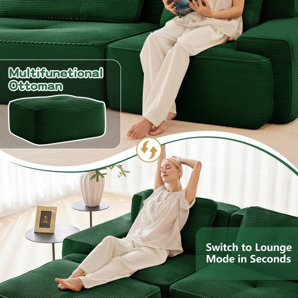 English Elm Modern Corduroy U-shaped Sectional with Tufted Cushions Deep Seat and Movable Ottomans Green W714S01797
