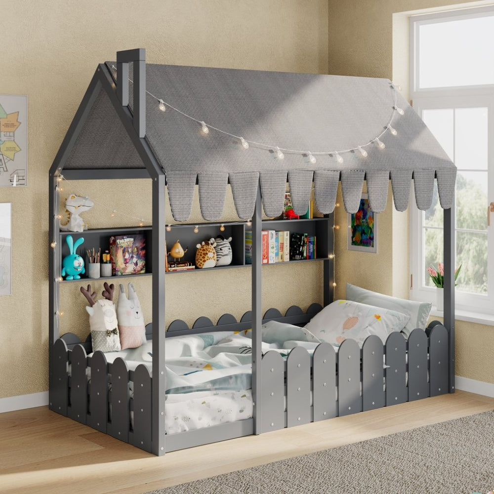 English Elm {slats Are Not Included} Twin Montessori House Floor Bed Kids Tent Lights Shelves Pinewood Frame Gray N708P407962E
