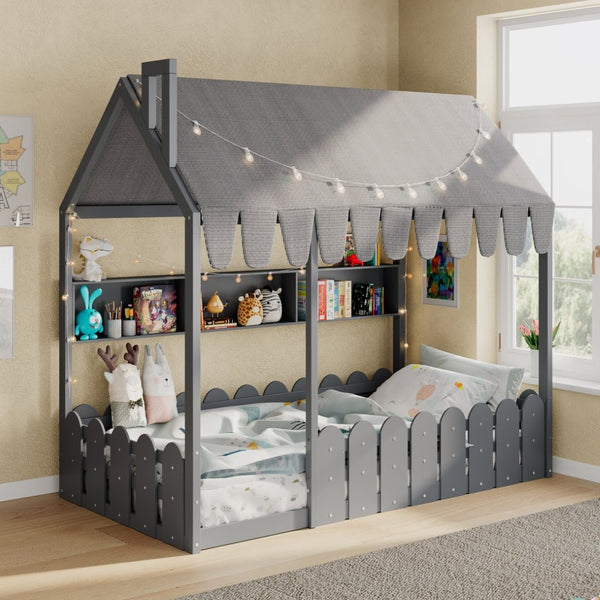 English Elm {slats Are Not Included} Twin Montessori House Floor Bed Kids Tent Lights Shelves Pinewood Frame Gray N708P407962E