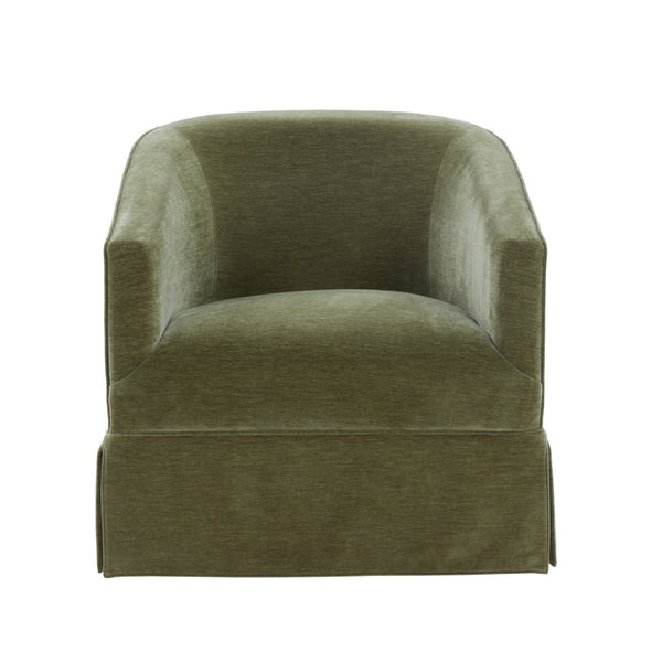 English Elm Earl Barrel Back Swivel Accent Chair Polyester Upholstered Tailored Skirted Base Green B050P429146
