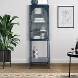 English Elm Stylish Tempered Glass High Cabinet With Arched Door Adjustable Shelves and Feet Anti-Tip Dust-Free Fluted Glass Kitchen Credenza Blue