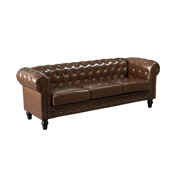 English Elm FX-P80P-PU3(SOFA) Elegant Button-Tufted 3-Seat PU Chesterfield Sofa with Removable Washable Cushions, Solid Wood Legs W576S00159