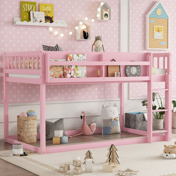 English Elm Low Low Twin Over Twin Bunk Bed with Ladder, Solid Wood Low-Profile Kids Bed Frame, Sturdy Design Pink 81.1 L x 13.58 W x 6.49 H W2593P375491