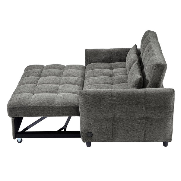 English Elm 52.8" Loveseat Sofa Pull-Out Bed with Adjustable Backrest, Tufted Chenille, 3 USB Ports & Pillows Grey N719S001710E