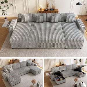 English Elm U Shaped Sectional Sleeper Sofa Corduroy Upholstered Pull Out Bed with Storage Chaise Gray W1825S00031