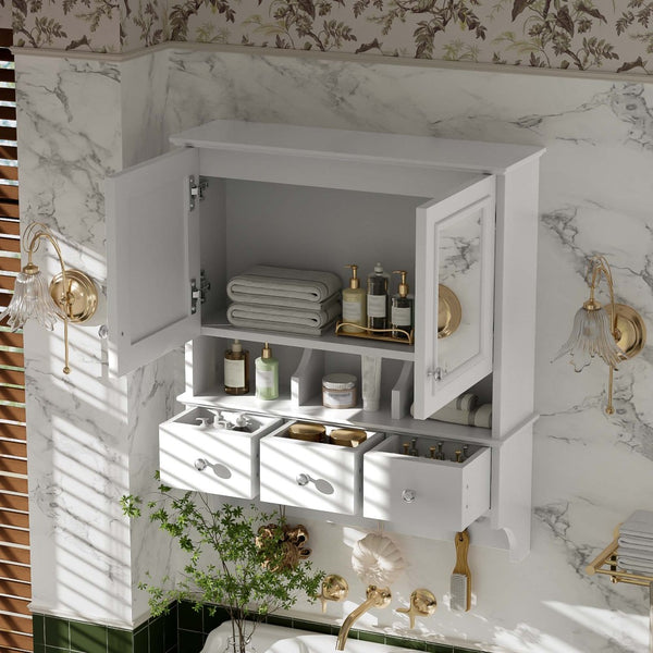 English Elm 4-in-1 Wall Mounted Bathroom Cabinet with Mirror Drawers and Towel Hooks Vanity White N710P405416K