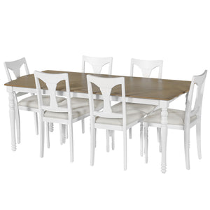 English Elm 7-Piece Extendable Dining Set with Removable Leaf and 6 Upholstered Chairs, Solid Rubberwood Legs, Seats 6 Natural+White N752S000030K