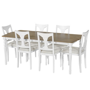 English Elm 7-piece Oak Veneer Extendable Dining Set with 6 Upholstered Chairs for Farmhouse Kitchens Natural+White N752S100030K