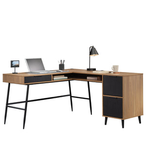 English Elm L-Shaped Desk In Warm Brown Finish - Spacious Workspace With Storage, Cable Management & Style B356P367775
