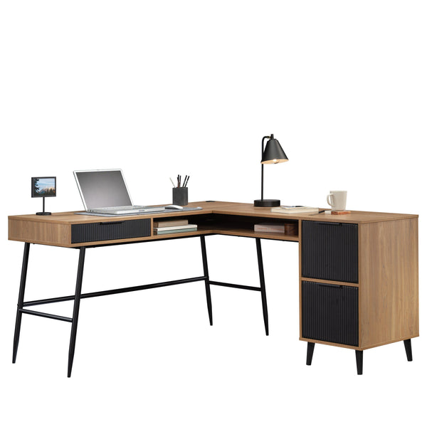 English Elm L-Shaped Desk In Warm Brown Finish - Spacious Workspace With Storage, Cable Management & Style B356P367775
