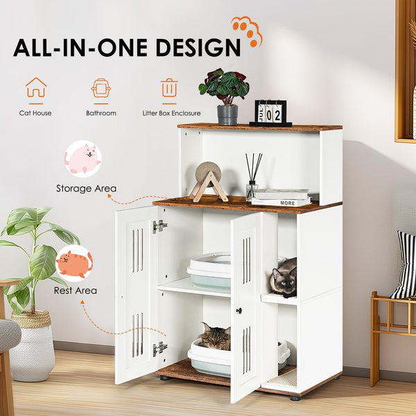 English Elm Litter Box Cabinet for Two Cats Wooden Enclosure with Ventilated Doors Side Table W1687P170693