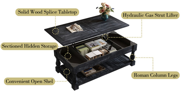 English Elm Farmhouse Lift Top Coffee Table Solid Wood Two Tier Hidden Storage Living Room W1445P412360