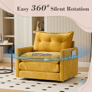 English Elm UNITED Swivel Barrel Chair with Chenille Upholstery, 360° Smooth Rotation, Padded Arm Comfort and Side Pockets for Living Room Relaxation Mustard yellow W1568P290085