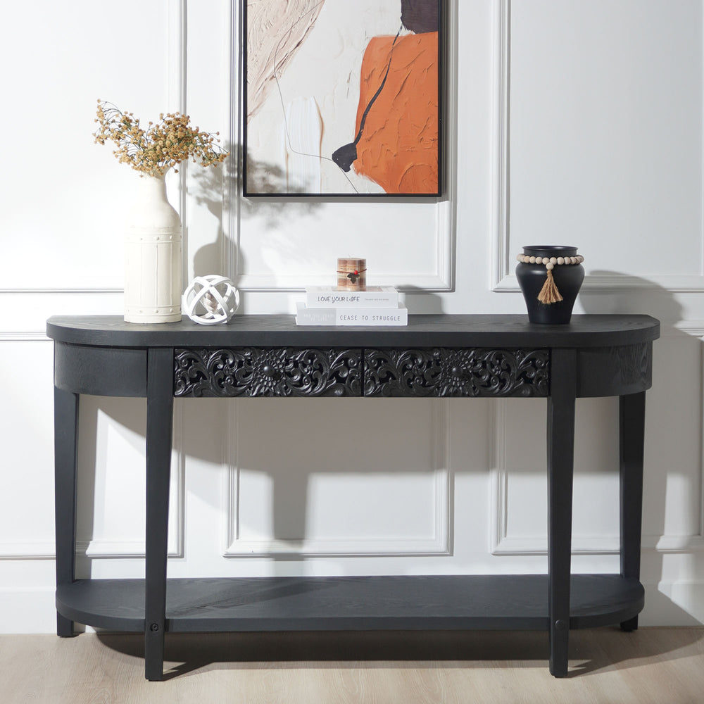 English Elm 59.2in Black Carved Wooden Console Table with Drawer & Lower Shelf — Elegant Entryway Storage Accent W2729P270742
