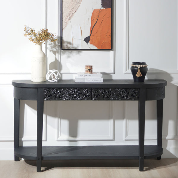 English Elm 59.2in Black Carved Wooden Console Table with Drawer & Lower Shelf — Elegant Entryway Storage Accent W2729P270742