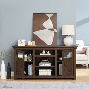 English Elm 2 Door Farmhouse Media Console with Glass Cabinet Panels and Open Shelving for Living Rooms W2275P389693