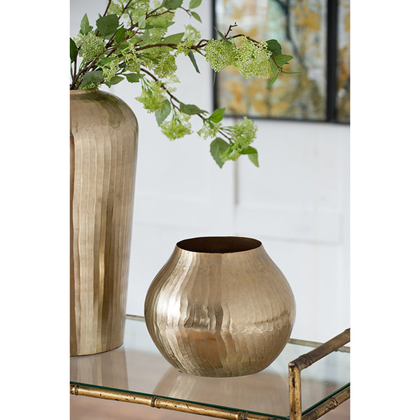 English Elm 11x11x9" Elegant Aluminum Chisel Flower Vase in Metallic Gold — Short Round Accent Piece for Tablescapes and Floral Displays W2078P316626