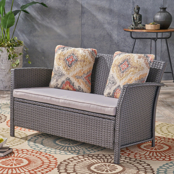 English Elm Christopher Knight Home® - ST LUCIA LOVESEAT Woven PE Rattan Outdoor Sofa with Waterproof Cushions, Rust‑Resistant Iron Frame, Cozy Seating Grey 62950.00GRY