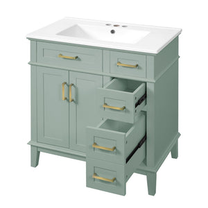 English Elm 30" Freestanding Bathroom Vanity Ceramic Sink Soft Close Cabinet Gray Wood Frame Light Green N729P427118F