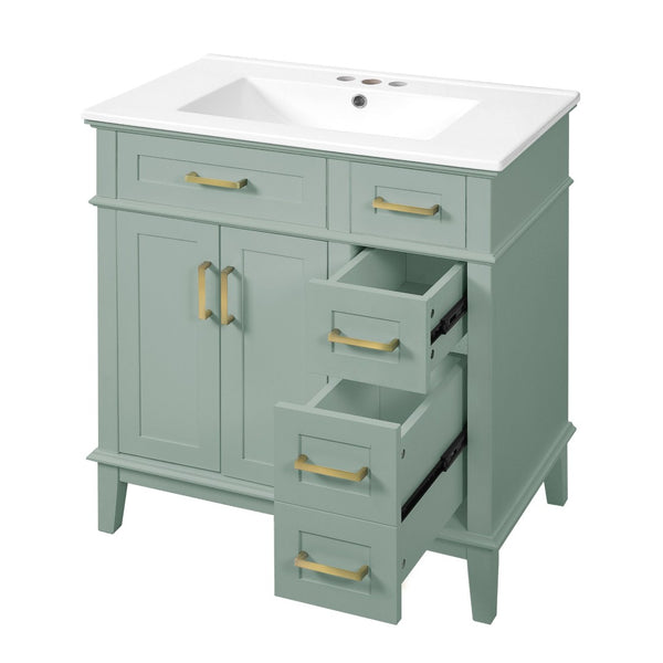 English Elm 30" Freestanding Bathroom Vanity Ceramic Sink Soft Close Cabinet Gray Wood Frame Light Green N729P427118F