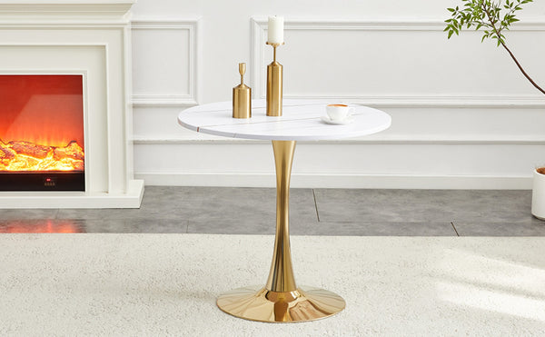 English Elm Round Faux Marble Tulip Pedestal Dining Table Mid Century Modern for Small Bistro Spaces Gold+White W2920P400992