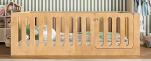English Elm Twin Solid Pine Montessori Floor Bed with House Frame Door and Safety Fence Natural W5305P420633