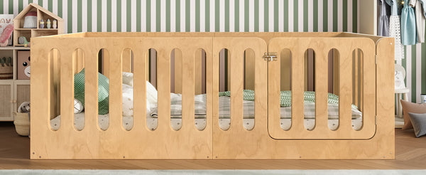 English Elm Twin Solid Pine Montessori Floor Bed with House Frame Door and Safety Fence Natural W5305P420633