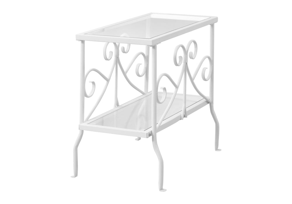 English Elm Accent Table Elegant Scroll Metal Frame with Two Tempered Glass Surfaces for Living Room Décor, Versatile End Nightstand 24x12x22 inches White 26 L x 26 W x 5 H B2710P219191