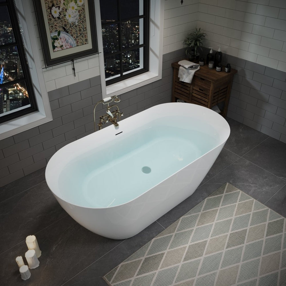 English Elm 55" Oval Acrylic Soaking Bathtub Freestanding Glossy White Spa Bath for Bathroom T5287P474462