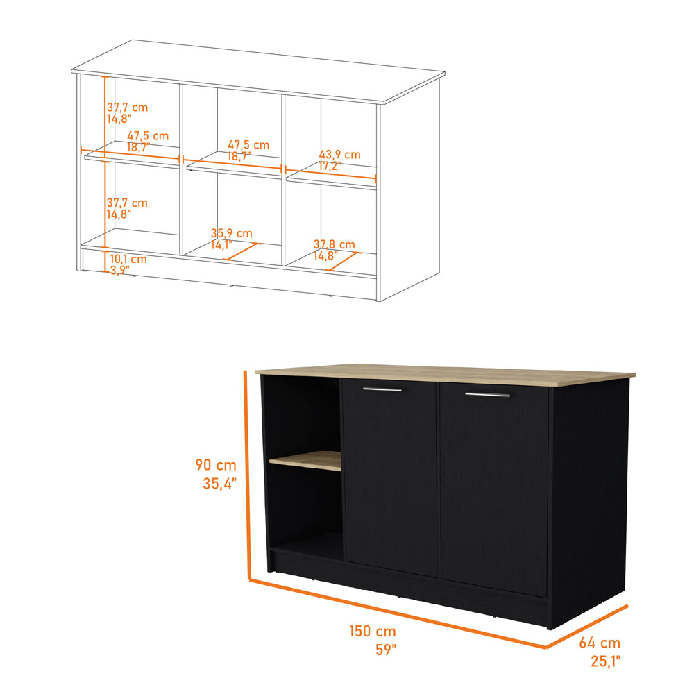 English Elm Mercury Kitchen Island with 59" Spacious Countertop, Dual Cabinets & Open Shelves — Modern Storage B128S00036
