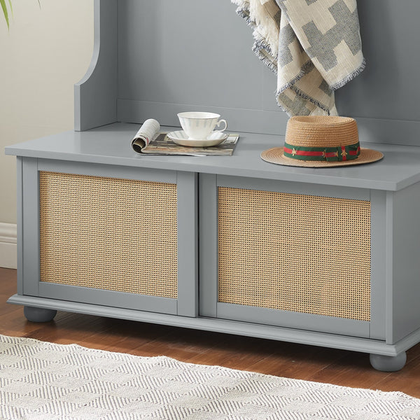 English Elm Clothes Hall Tree Storage Bench with Adjustable Shelves, Sliding Doors, Solid Poplar Feet & Shoe Bench Gray W2275P210041