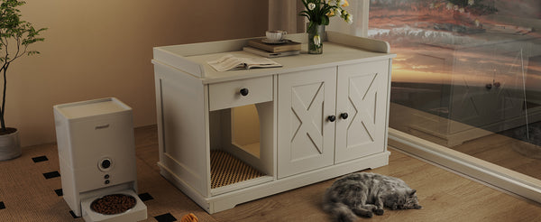 English Elm GO Cat Litter Box Enclosure with Storage Drawer & Mat, Farmhouse White Indoor Cat House Side Table N704P265258K