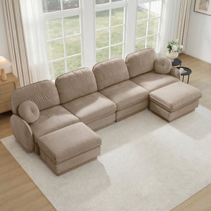 English Elm 137" Oversized U-shaped Chenille Sectional with Ottoman Quilted Cushions for Spacious Living Light Coffee W714S01764